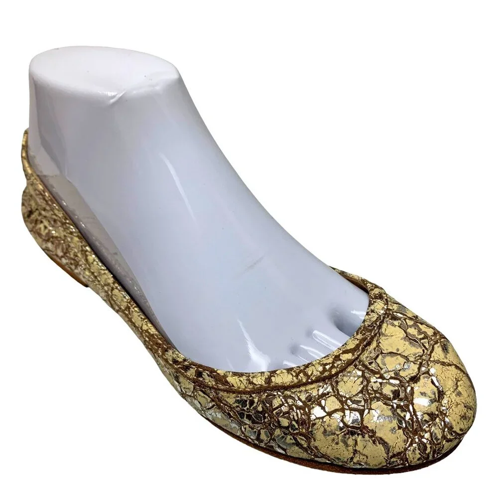FRYE Carson Ballet Cream‎ Metallic Crackle Leather Ballet Flats
